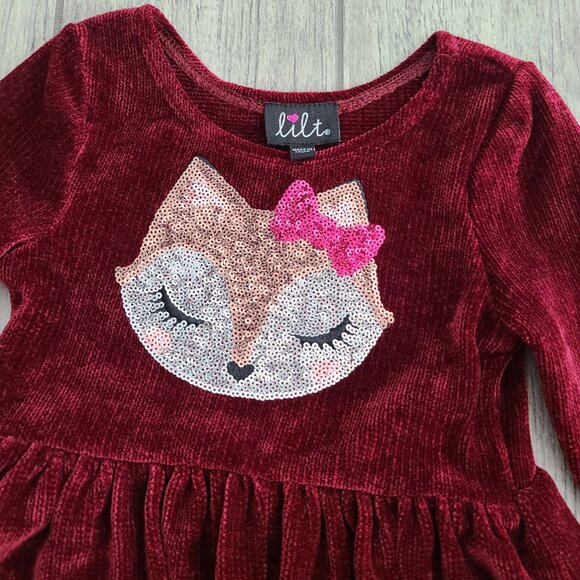 Lilt Girls Red Velour Long Sleeve Dress with Fox Sequin Detail Size 4 - Picture 5 of 10